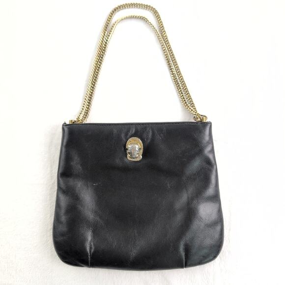Vintage Ruth Saltz Cougar Head Black Leather Handbag Double Chain Strap - Picture 1 of 8
